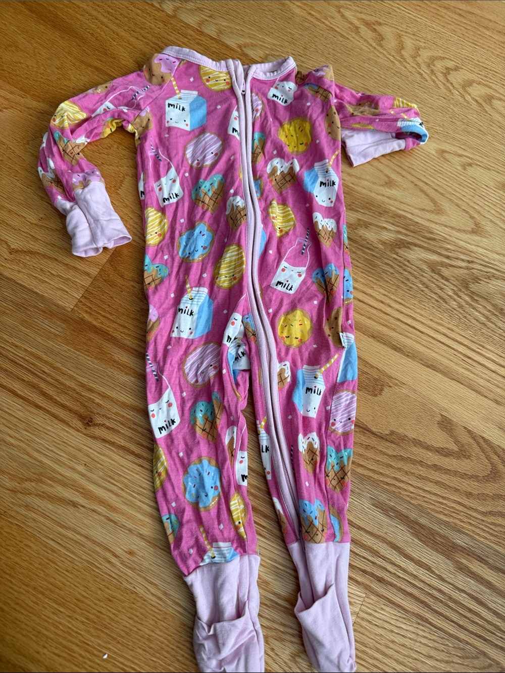 Little Sleepies Pink Footed Zipper Pajamas with Dessert & Milk Print